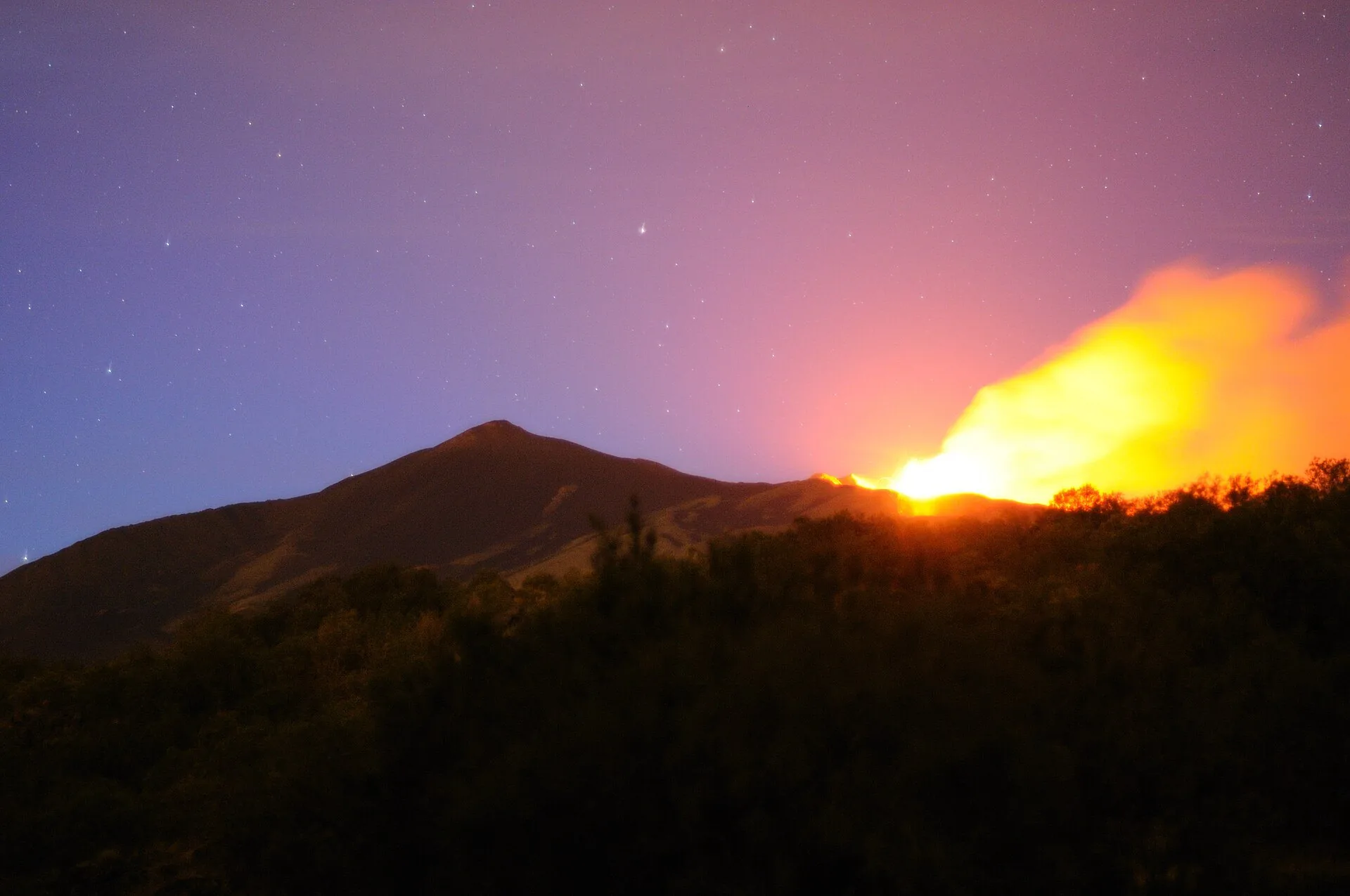 L'Etna in attività al tramonto, con il bagliore della lava sul cono sommitale